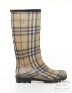 Burberry London Brown Black Haymarket Check Rubber Rain Boots Size 40