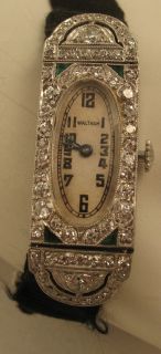  Antique Waltham Platinum Diamond Syn Emerald Watch Grosgrain 1918