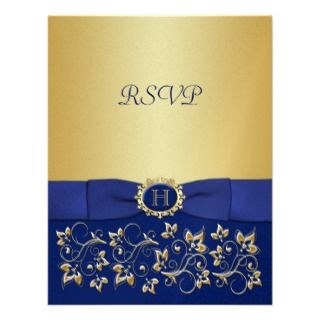 Blue, Gold Floral Scroll Wedding Reply Card Custom Announcement