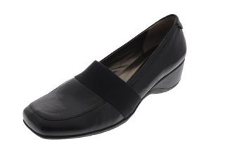 Naturalizer New Granbury Black Leather Square Toe Loafer Wedge Heels