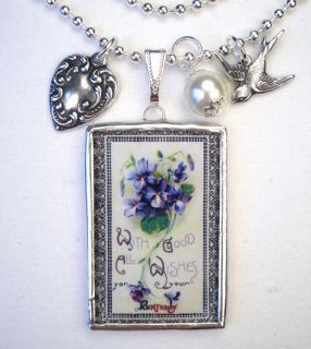 Happy Birthday Bluebird Vintage Postcard Charm Necklace