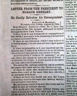 Abraham Lincoln Horace Greeley Letter 1862 CW Newspaper