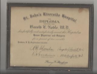  St Johns Riverside Hospital 1932 Medical Diploma Harold E Noble M D