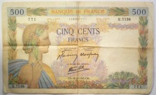 1940 Banque de France 500 Francs Note Fine French WW II Paper Money