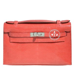 Hermes Kelly Pochette Handbag Rose Jaipur Lizard Palladium 9751