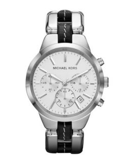 Michael Kors Mid Size Black Leather and Silver Color Stainless Steel