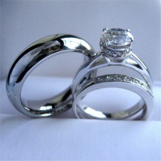 3pcs His and Hers Tungsten Silver Wedding Band Ring Set