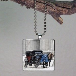 Hansom Cab Horse Carriage Glass Necklace Pendant 550