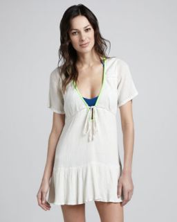 Serrana Low V Neck Coverup Dress, White/Lime