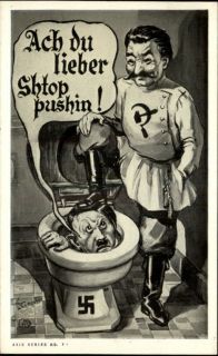 WWII Comic Anti Hitler Stalin Flushing Hitler Down Toilet Postcard