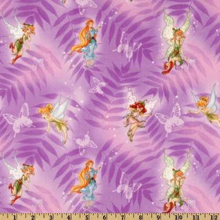 Disney Fairies on Leaves on Purple Fabric by The Yard