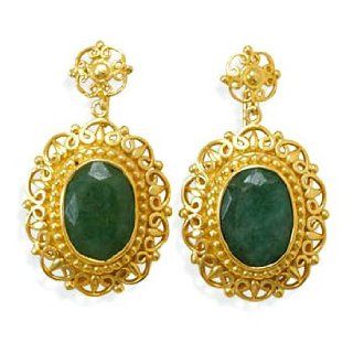 Emerald Earrings Filigree Fancy Antique Vintage Design Post Back 14k