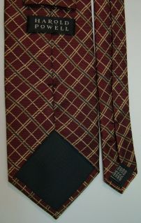 Harold Powell Checker Geometric Stripe Maroon Gold Blue Silk Neck Tie