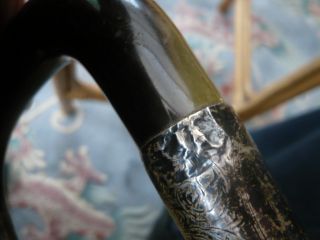 Antique Vintage Old Edwardian Horn Handle Solid Silver Top Walking