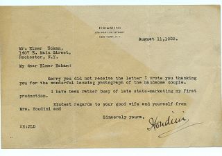 1922 Harry Houdini Signed Letter to Fellow Magician JSA