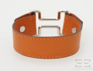 Hermes Orange Leather & Silver Cutout H Jujube Cuff Bracelet