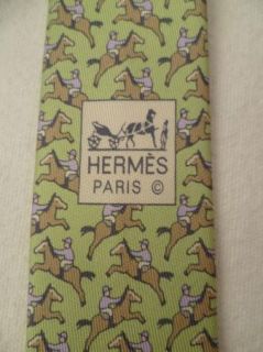 Hermes Light Green Horse Riding Jumping Jockey Print Silk Tie 5321 TA