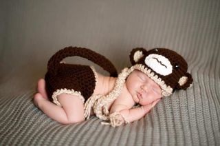 Baby Neutral Sock Monkey Hat and Diaper Cover with Tail Set