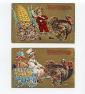 Lot 2 Thanksgiving Postcards Turkey Pulling Cart Fantasy Child