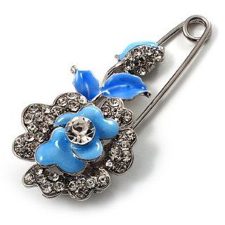 Silver Tone Crystal Rose Safety Pin Brooch (Light Blue