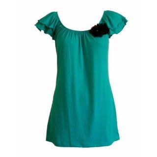 Ladies Plus Size Green Tunic Top with Flower Accent Ruffle
