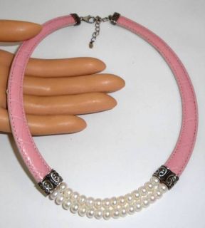 Honora Pink Leather Collar Cultured Pearl Sterling Silver Choker