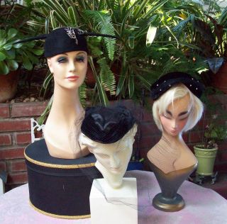 Womens Vintage 40s 50s Hats Horney Skull Cap Satin Velvet Hat Lot 3