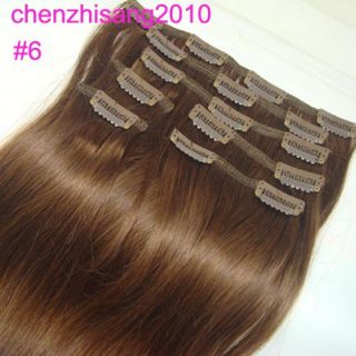 22 Clip in Human Hair Extensions 6 Chestnut Brown 80g