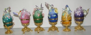 Franklin Mint House of Faberge 6 Hummingbird Eggs Trinkets and Display