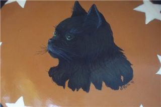 Original Hand Painted Folk Art Prim Halloween Wood Bowl Black Cat