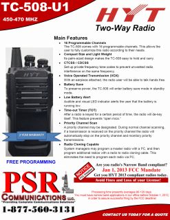 New HYT TC 508 Portable Radio UHF 450 470 MHz 16CH w Free Programming