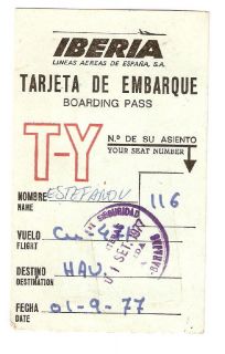 Spain Iberia Airlines Boarding Pass Cuba 1977