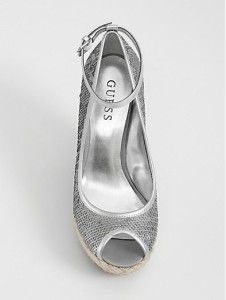 New Guess Idabel Silver Sequin Peep Toe Wedge Espadrille Pumps Shoes