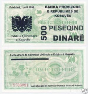 Kosovo 500 Dinare 1 4 1999 UNC PNL Kosovo Crisis RARE Banknote