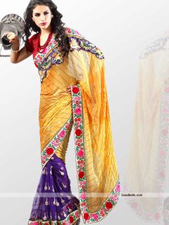 Designer Indian Bollywood Yellow Purple Saree 