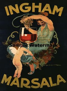 MARSALA Ingham Red Wine Glass Lady Grapes Fine Vintage Poster Repro