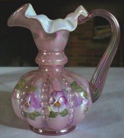 Lovely Small Fenton Iridescent Handled Pitcher Hand Painted and Signed