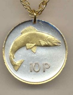 Gold on Silver Coin Irish 10 Pence with Salmon Necklace