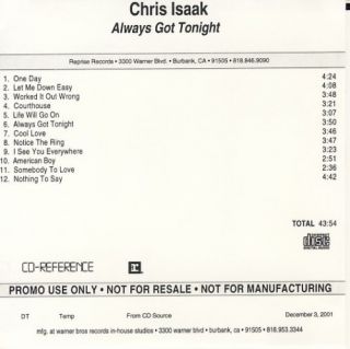 Chris Isaak Always got Tonight RARE Promo Advance CD