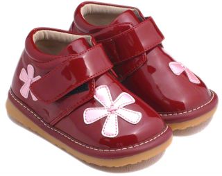 Girls Toddler Leather Squeaky Shoes Boots Patent Red with Pink Flowers
