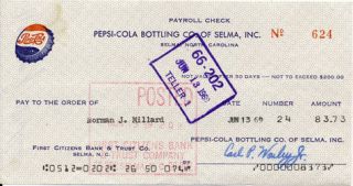  1960 Check Selma North Carolina Bank Cancelled Check Millard