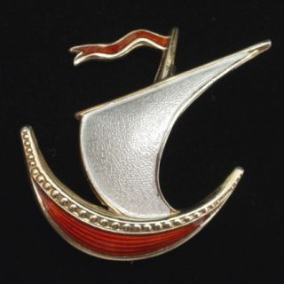 Ivar Holt Viking SHIP Pin Vintage Sterling Silver Vermeil Enamel