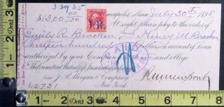 1898 Indianapolis Ind $1300 J P Morgan Co Bank Check with Revenue