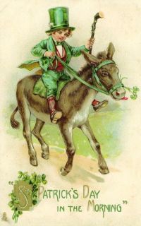 St Patricks Day Fabric Block Vintage Postcard on Fabric Donkey