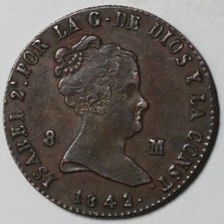 1842 Ja XF Spain 8 maravedis Large Copper Young Head Isabel 2 Jubia