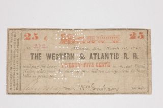 1862 Civil War Era Western Atlantic RR 25 Cent Currency Obsolete