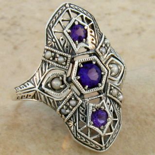 NATURAL AMETHYST ANTIQUE DECO DESIGN .925 STERLING SILVER RING SIZE 9