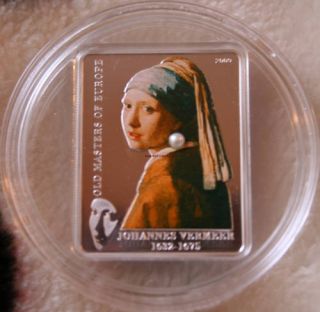 Cook Islands Johannes Vermeer 5 $ 2009 Silver Proof Coin with Pearl