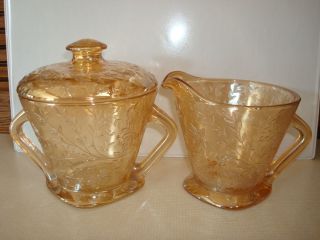 Jeanette Glass Louisa Floragold Sugar w Lid Creamer