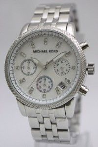  Michael Kors Steel Chronograph Mother Of Pearl Date Glitz Watch MK5020